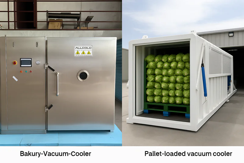 A split image showing a pallet-loaded vacuum cooler for lettuce on one side, and a trolley-loaded cooler for a bakery on the other.