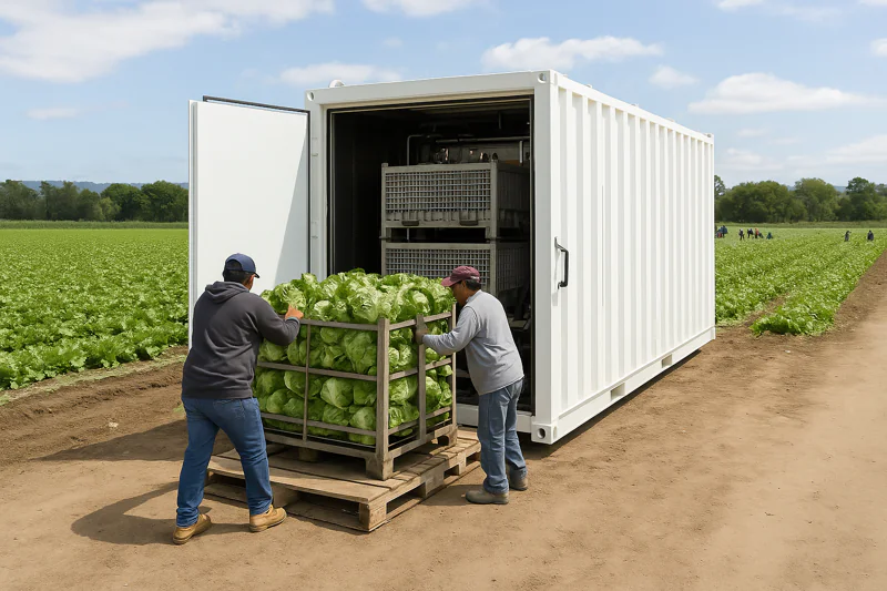 A photo of a massive, pallet-sized vacuum cooler operating near a lettuce field, with workers loading it.