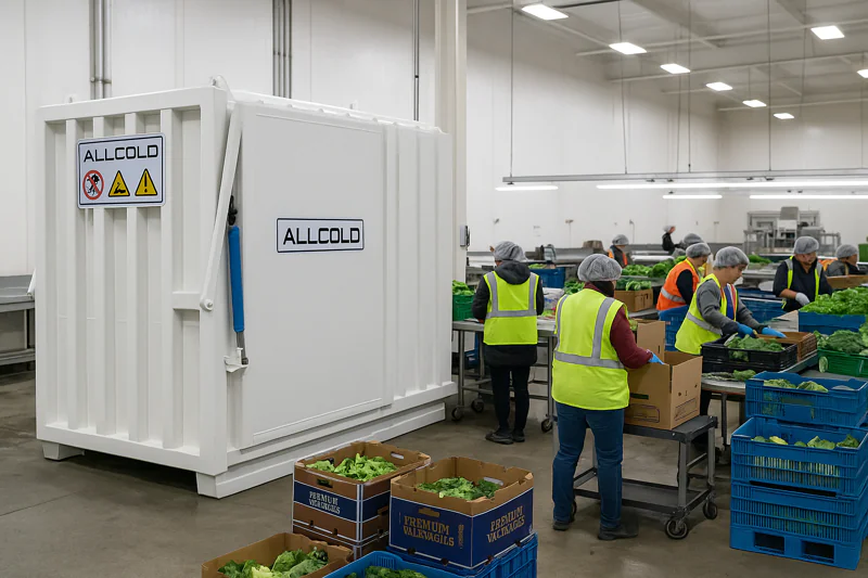 A vacuum cooler inside a clean packing house facility, with workers sorting and packing vegetables nearby.