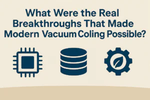 A 2D digital infographic asking “What Were the Real Breakthroughs That Made Modern Vacuum Cooling Possible?” It features three key icons: a microchip symbolizing control systems, a database stack representing data and automation, and a gear with a leaf indicating energy efficiency and environmental engineering. The layout is clean with a beige gradient background and bold blue headline text