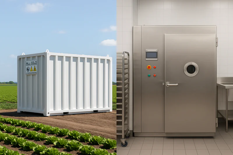 A split image showing a large vacuum cooler in a field on one side, and a compact, stainless steel unit in a clean commercial kitchen on the other.