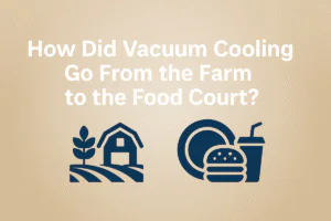 Vacuum cooling evolution from farm to food court with icons of crops and fast food on beige background.