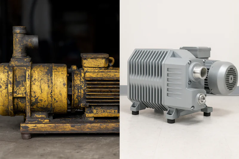 A split image showing an old, greasy oil-sealed pump on the left and a clean, modern oil-free dry screw pump on the right.