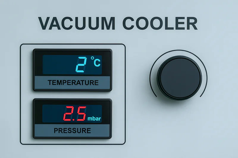 A control panel of a vacuum cooler displaying precise temperature and pressure readings