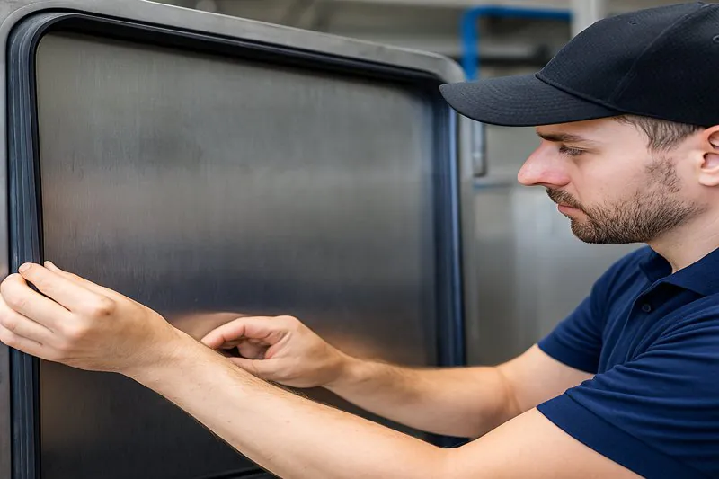 Technician checking vacuum cooler door seal