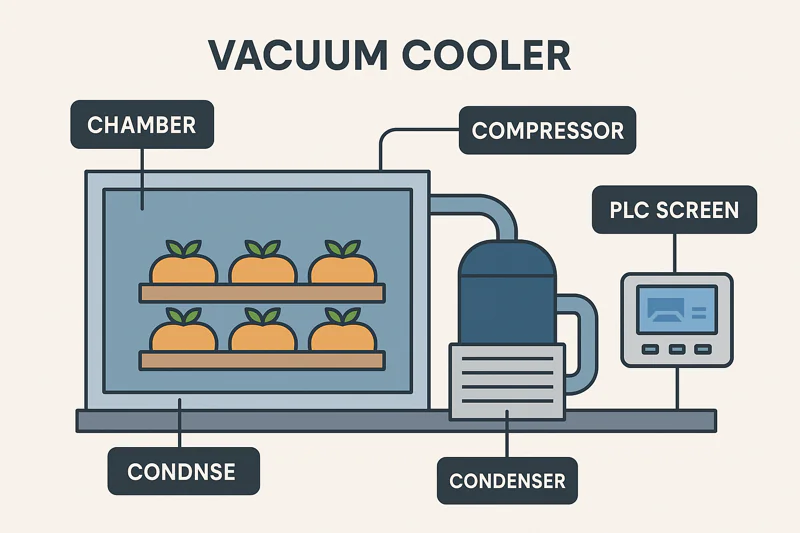 An infographic showing a cutaway view of a vacuum cooler, with callouts pointing to the chamber, compressor, condenser, and PLC screen.