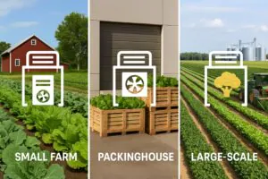 A collage showing a small farm, a medium-sized packinghouse, and a large-scale agricultural operation, all with a vacuum cooler icon