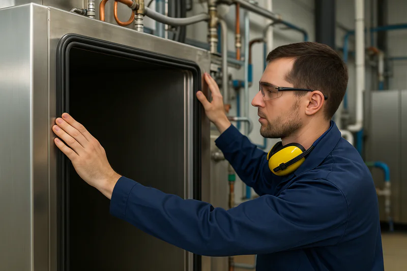 Technician performing vacuum cooler maintenance