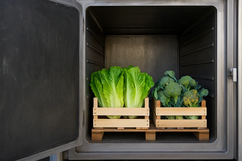 A vacuum cooler door opening to show perfect lettuce on one side and slightly damaged broccoli on the other