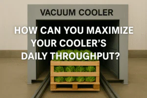 A high-efficiency vacuum cooler in an industrial facility with a pallet of fresh lettuce in front, overlaid with the text “How Can You Maximize Your Cooler’s Daily Throughput?” in bold white letters.