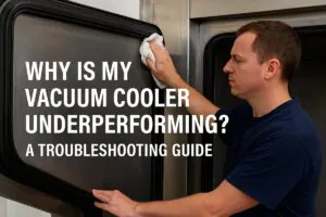 A maintenance worker in a navy shirt carefully cleans the rubber door seal of a vacuum cooler, with the overlaid title text “Why Is My Vacuum Cooler Underperforming? A Troubleshooting Guide” displayed prominently across the image.