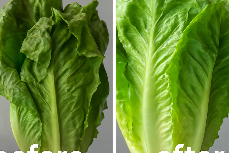 A split image showing wilting organic lettuce on one side and vibrant, vacuum-cooled lettuce on the other