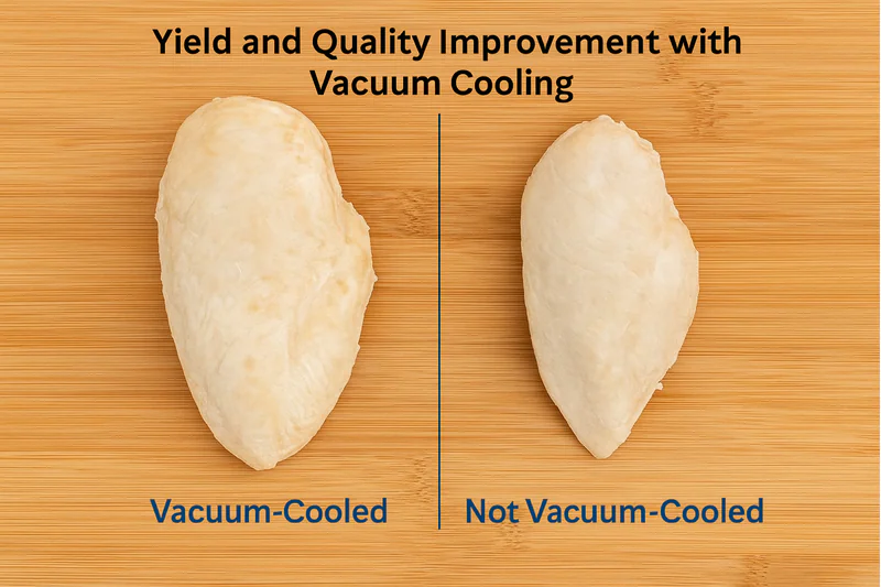 A side-by-side comparison of two cooked chicken breasts: the vacuum-cooled one is plump and moist, the other looks slightly smaller and drier.