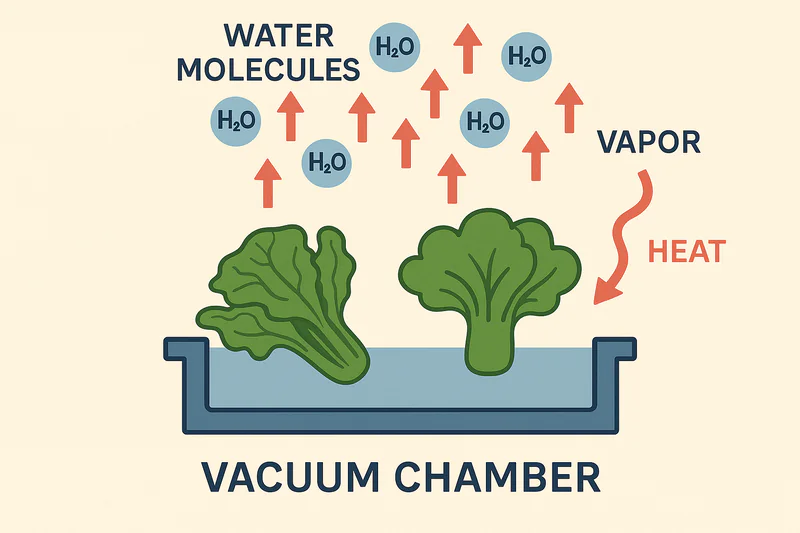 An animation or diagram showing water molecules turning to vapor and carrying heat away from a vegetable inside a vacuum chamber