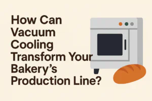A banner image with bold, dark brown text asking "How Can Vacuum Cooling Transform Your Bakery’s Production Line?" displayed clearly over four lines on a light beige background, accompanied by a minimalist oven and bread illustration on the right. The design highlights innovation in bakery cooling systems.