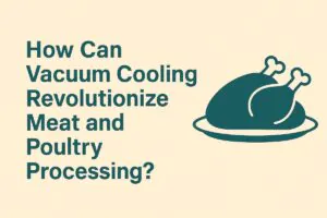 A banner image with the question "How Can Vacuum Cooling Revolutionize Meat and Poultry Processing?" in bold typography on a soft beige background, featuring clean digital illustrations of meat cuts, poultry, and cooling equipment. The image emphasizes innovation in food processing efficiency and food safety.