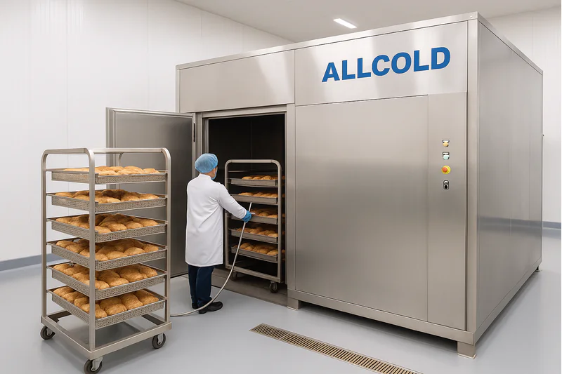 A wide shot of a large, stainless steel ALLCOLD vacuum cooler with trolleys of cooked chicken breasts being loaded in a pristine processing facility.
