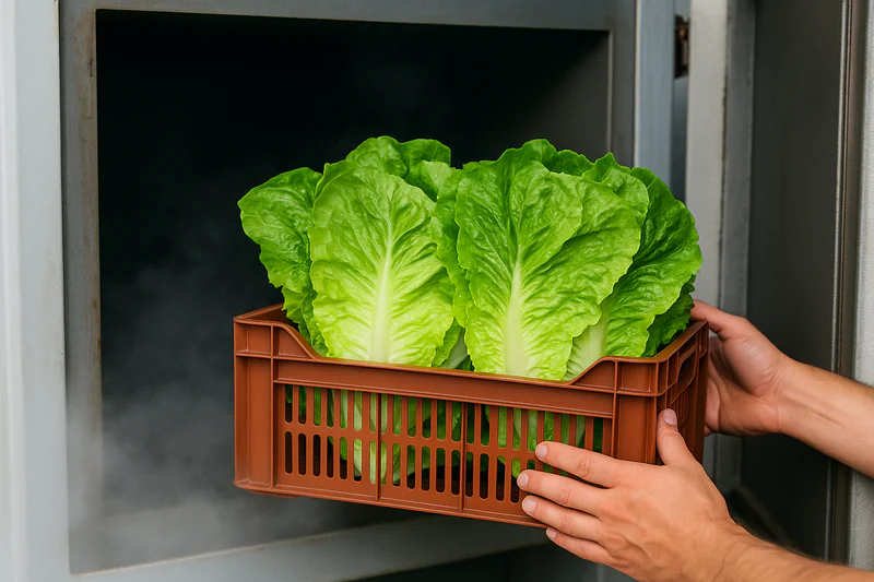 A crate of perfectly crisp, vibrant green lettuce being removed from a vacuum cooler