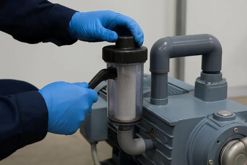 Weekly vacuum pump water filter cleaning