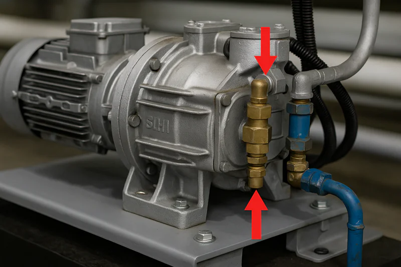 A close-up of a large industrial vacuum pump with arrows pointing to the cooling water inlet and outlet valves.