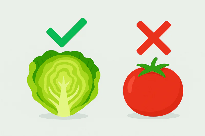 A clear infographic with a green checkmark on lettuce and a red 'X' on a tomato