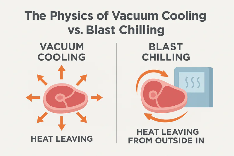 A diagram showing heat leaving a piece of meat from all directions in a vacuum, versus heat slowly leaving from the outside in with a blast chiller.