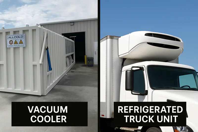 A split screen showing a large vacuum cooler on one side and a refrigerated truck's small cooling unit on the other