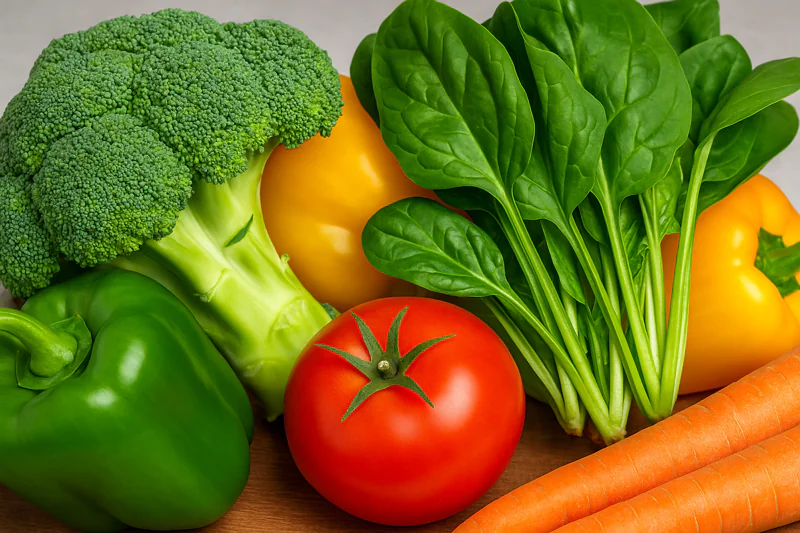 A colorful display of fresh vegetables like broccoli and spinach, looking vibrant and healthy