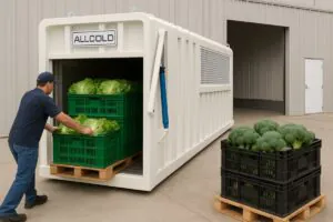 An image of an allcold vacuum cooler, with crates of lettuce going in and crates of broccoli visible nearby, ready for their cycle