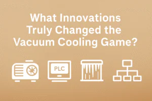 Bold infographic asking “What Innovations Truly Changed the Vacuum Cooling Game?” with icons symbolizing oil-free pumps, PLC controls, water catchers, and modular design, on a warm gradient background