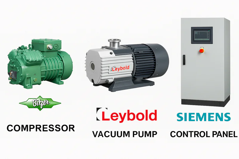 A cutaway view of a vacuum cooler, highlighting the Bitzer compressor, Leybold vacuum pump, and Siemens control panel.