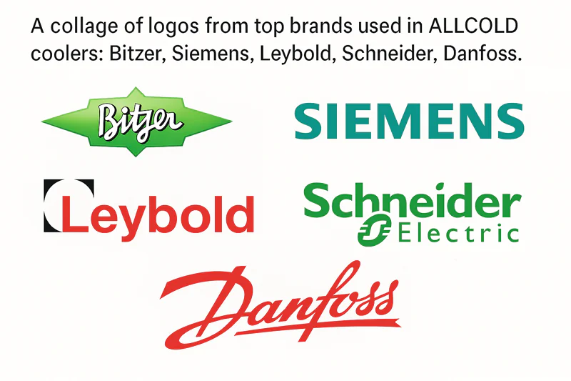 A collage of logos from top brands used in ALLCOLD coolers: Bitzer, Siemens, Leybold, Schneider, Danfoss.