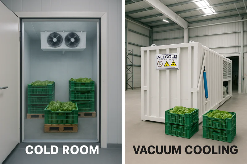 Side-by-side image of cold room vs. vacuum cooling chamber