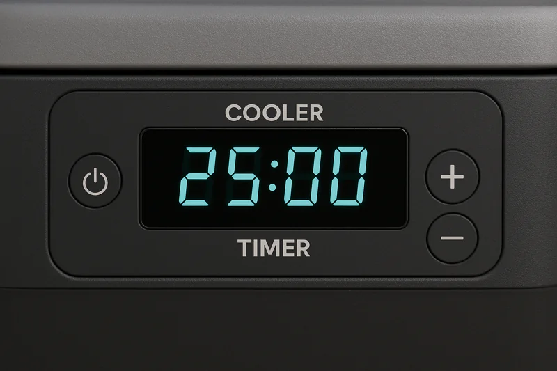A digital timer on a cooler's control panel showing a countdown from 25:00 minutes.