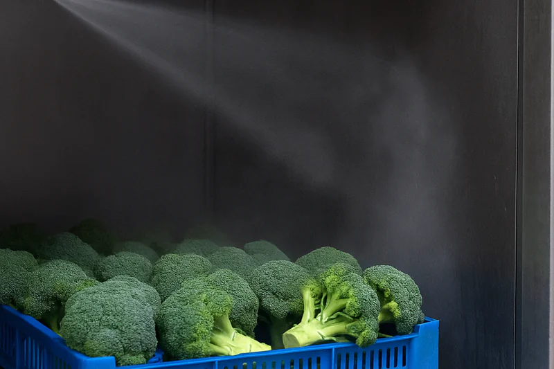 A shot of broccoli florets being sprayed with a fine water mist as they enter the vacuum chamber.