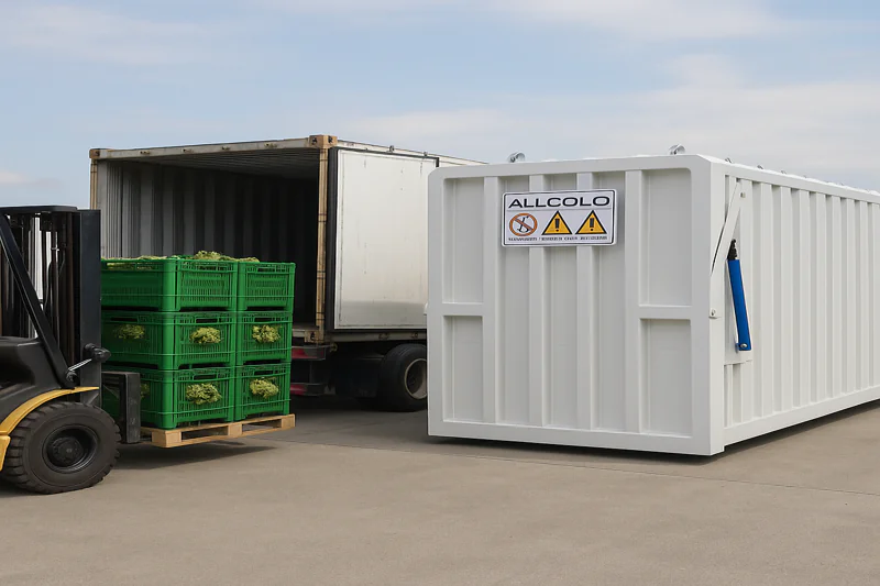 Export containers being loaded with vacuum cooled vegetables