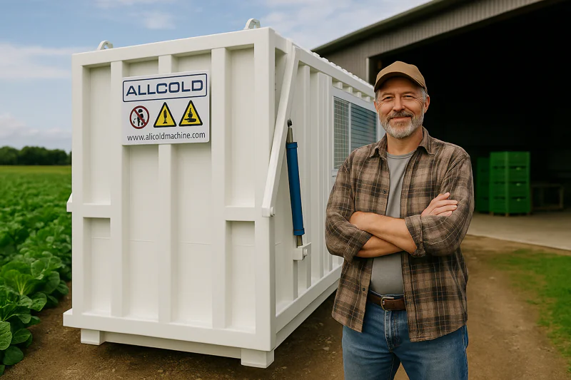 Farm owner standing next to vacuum cooling machine