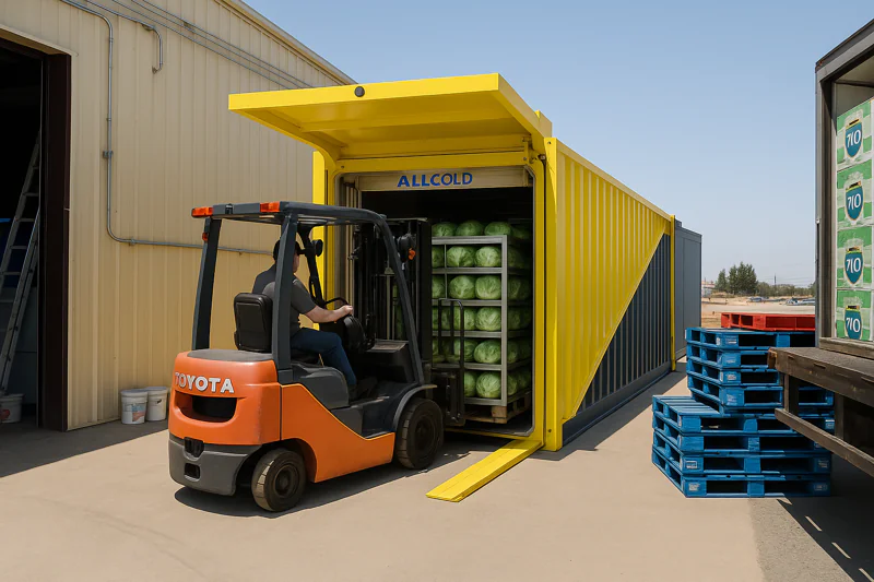 A large ALLCOLD vacuum cooler with its door open, showing pallets of freshly packed iceberg lettuce ready for treatment.