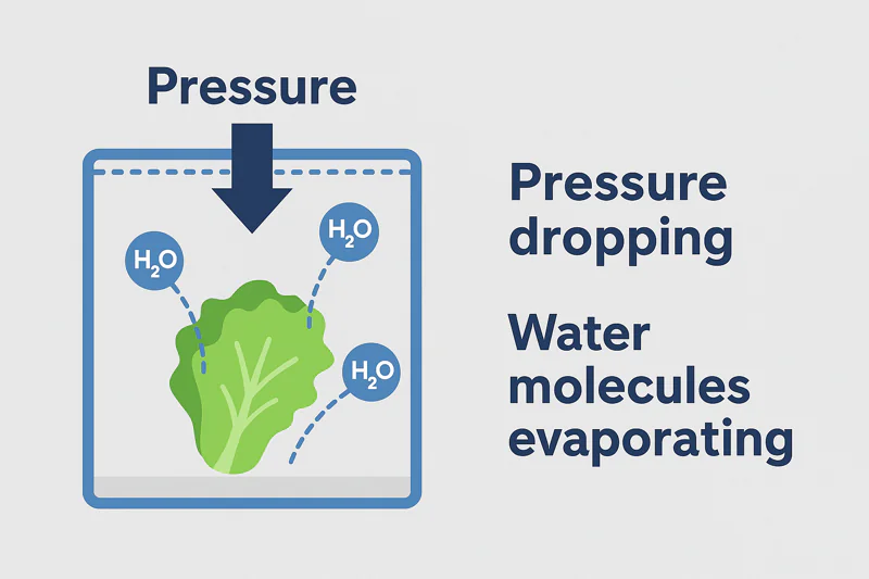 An animated diagram showing pressure dropping inside a chamber, causing water molecules to evaporate from a lettuce leaf.