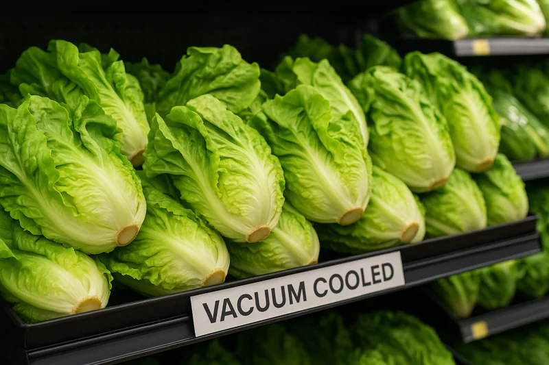 Freshly cooled lettuce on supermarket shelf