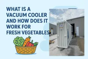 Infographic titled 'What is a Vacuum Cooler and How Does It Work for Fresh Vegetables?' showing a real ALLCOLD vacuum cooling machine on the right and a colorful basket of fresh vegetables on the left. The image explains the function of vacuum cooling in preserving produce freshness.