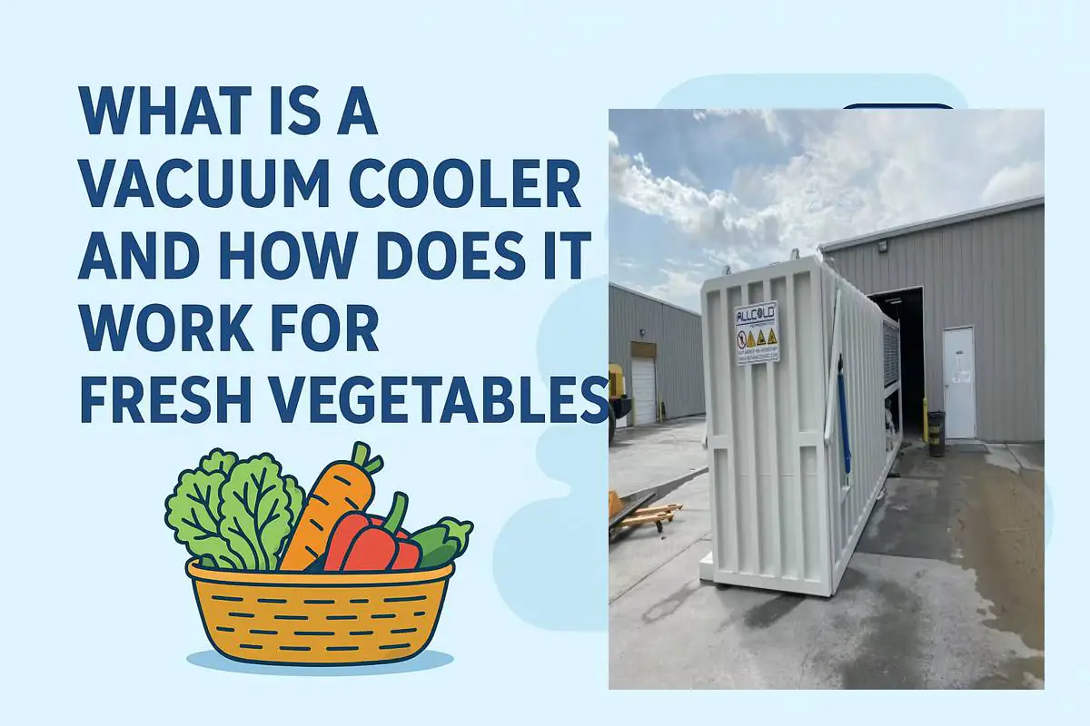 Infographic titled 'What is a Vacuum Cooler and How Does It Work for Fresh Vegetables?' showing a real ALLCOLD vacuum cooling machine on the right and a colorful basket of fresh vegetables on the left. The image explains the function of vacuum cooling in preserving produce freshness.