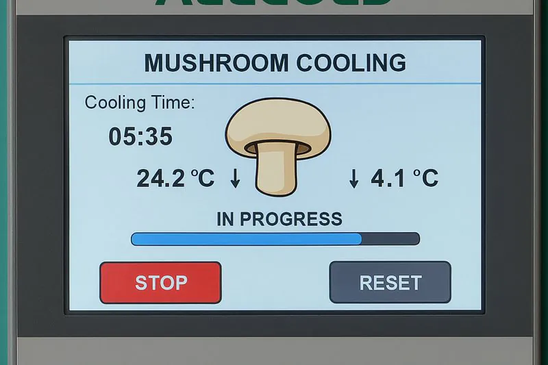 A close-up of the ALLCOLD industrial touch screen panel, showing a mushroom cooling cycle in progress.