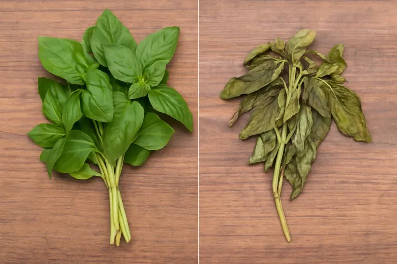 A vibrant, fresh bunch of basil next to a limp, discolored bunch, highlighting the effects of time.