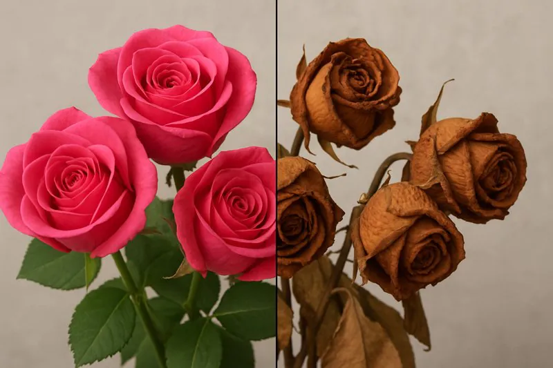 A split image of roses: left side is vibrant and fresh, right side is wilted and brown.
