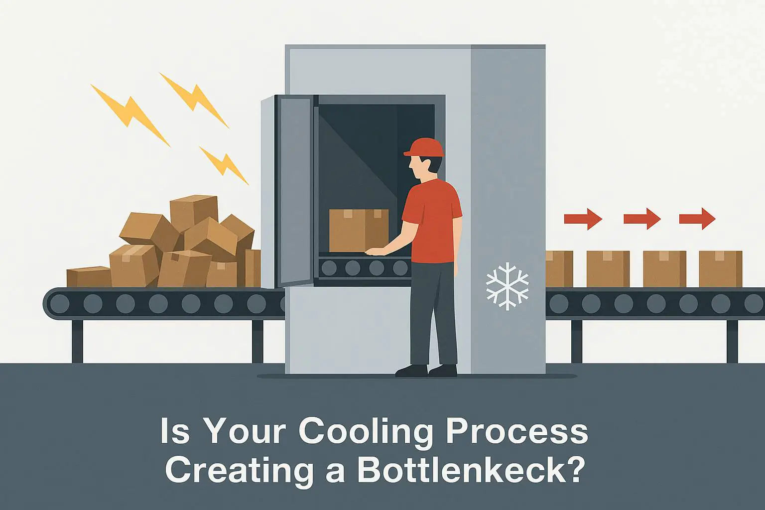 Industrial production line with a vacuum cooler in the center, showing disorganized boxes piling up on the left conveyor and neatly arranged boxes exiting on the right conveyor, illustrating a cooling process bottleneck