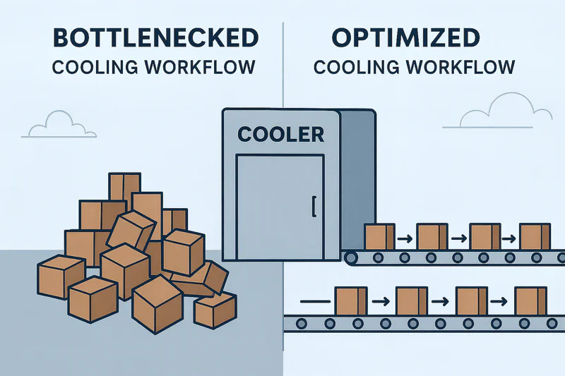 A diagram showing a chaotic workflow with product piling up before a cooler, contrasted with a smooth, automated conveyor line flowing through a cooler.