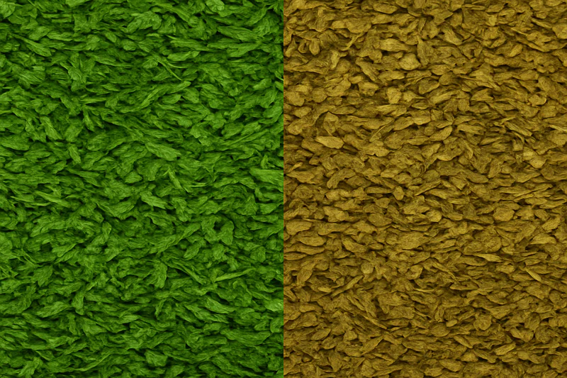 A split image: on the left, vibrant green dried parsley; on the right, brownish-yellow dried parsley, showing the effect of pre-cooling.