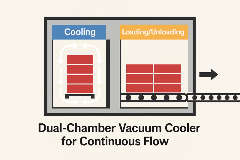 A graphic illustrating a dual-chamber vacuum cooler, with one chamber marked 