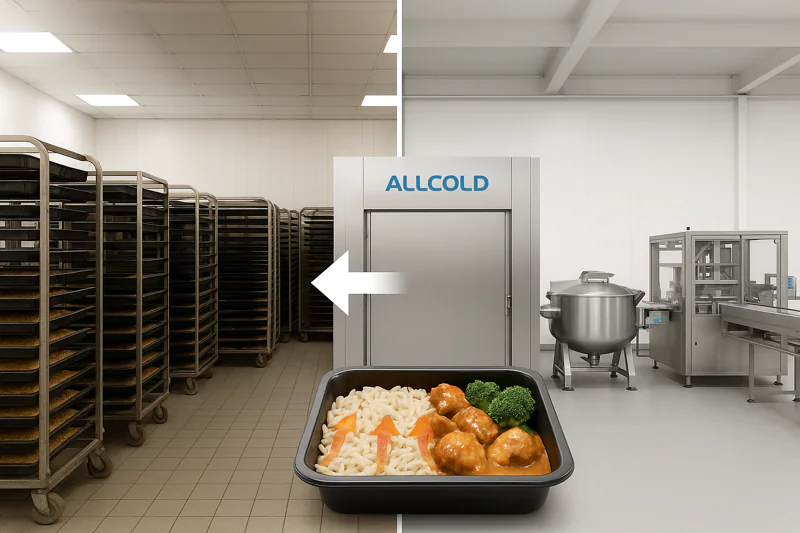 A split screen image: the left side shows a chaotic room full of racks waiting to cool, the right side shows a single, orderly ALLCOLD vacuum cooler bridging the gap between a cooker and a packaging machine.